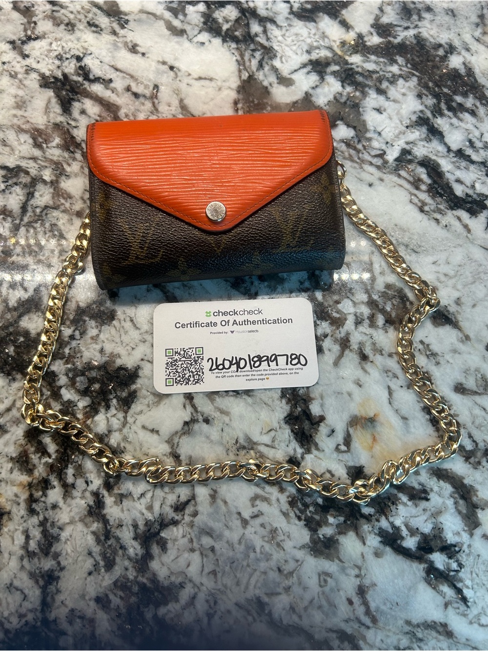 Louis Vuitton Orange and Brown Monogram Chain Crossbody Wallet with COA